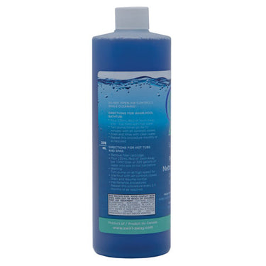 Blue bottle with a label on a white background