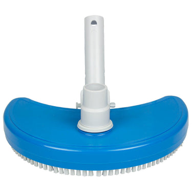 Blue curved pool vac with white plastic handle. Front view