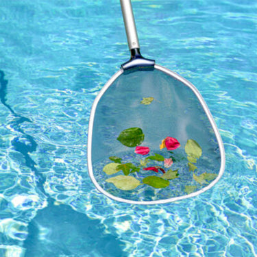 Commercial leaf skimmer net. Heavy duty. white frame with black net and heavy duty steel handle. Shown in pool scooping leaves.