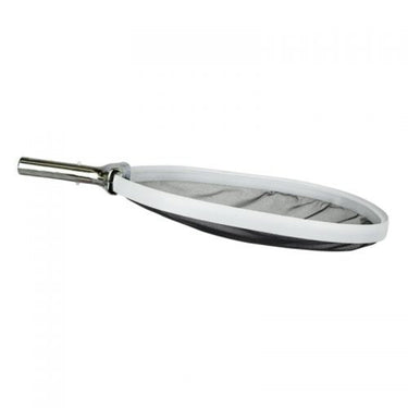 Commercial leaf skimmer net. Heavy duty. white frame with black net and heavy duty steel handle. Shown from the side.