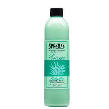 Spazazz bottle of 'Escape' with green label on a white background
