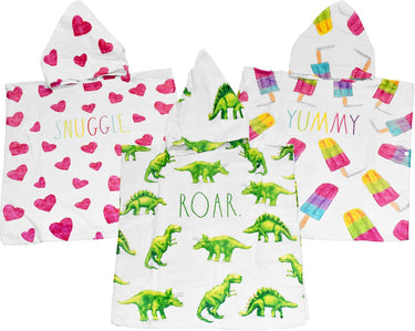 3 kids hooded towels laid out on white background. hearts, dinosaurs & popsicles