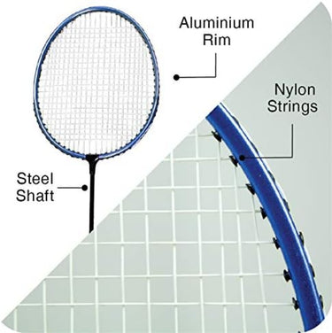 Badminton racket showing Aluminum rim, Steel shaft and Nylon strings
