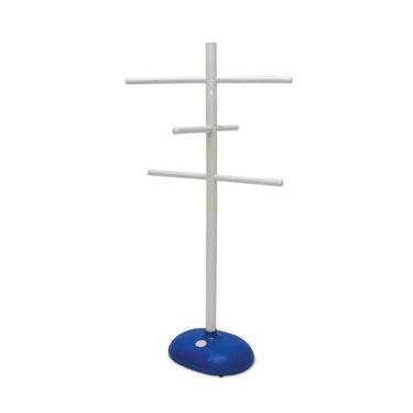 Poolside Towel Tree – Keep Towels Dry & Ready. white with blue stand. 