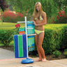 Poolside Towel Tree – Keep Towels Dry & Ready. White with blue stand. pic showing young lady standing next to it with towels hanging to dry.