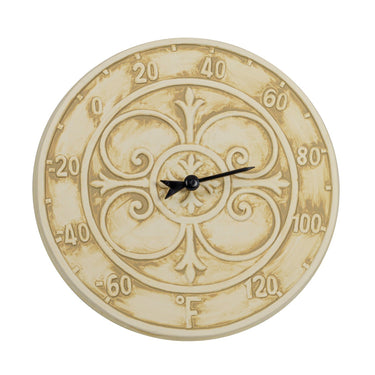 12" Antique White Terra Cotta Thermometer - charming Fleur de Lis detailing and rustic elegance