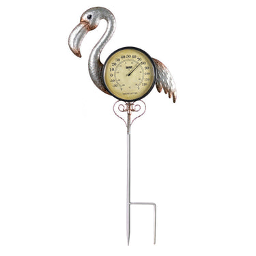 Flamingo Thermometer Garden Stake. Round thermometer as part of a silver flamingo attached to a tall silver garden stake.