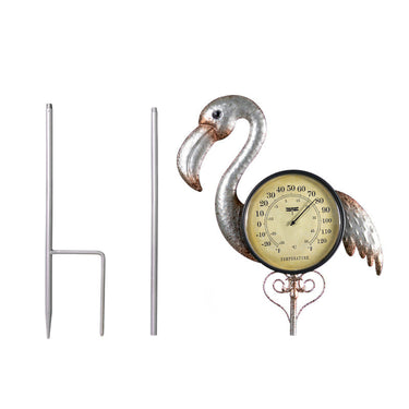 Silver Flamingo Thermometer Garden Stake. Round thermometer as part of a silver flamingo attached to a tall silver garden stake. shown in three pieces and easy assembly.