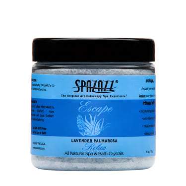Spazazz Spa and Bath Crystals jar with blue label on a white background