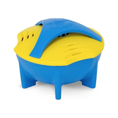 Blue and yellow plastic mineral water care container on a white background