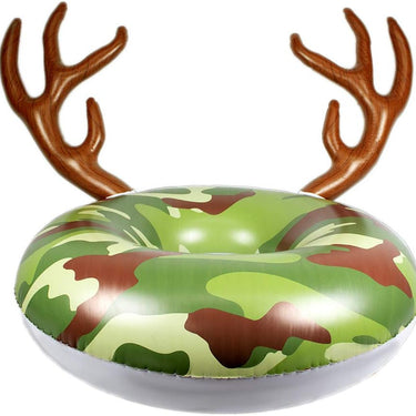 Inflatable ring with camouflage pattern and deer antlers on a white background