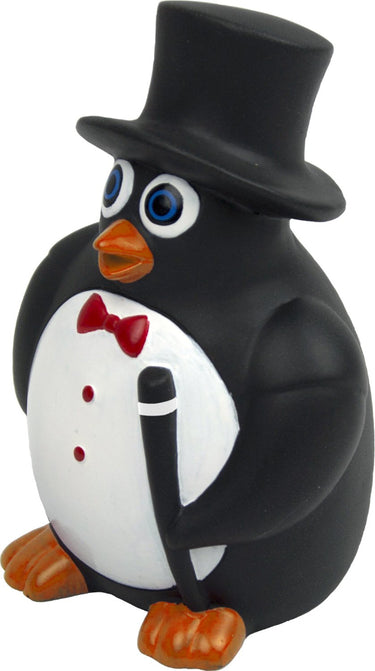 Mr. Penguin with top hat and cane. shows closeup. 