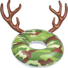 Camouflage-patterned inflatable ring with brown deer antlers on a white background