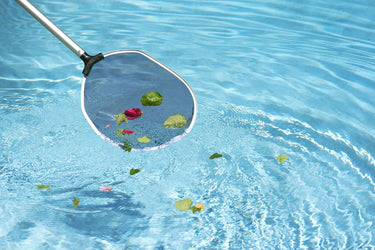 White with Black handle and net - Heavy-duty leaf skimmer. extra-strength handle, maximum-wear nylon mesh net, reinforced support bracket, heavy-duty aluminum inner frame and mar-proof frame. - shown skimming debris from surface of pool