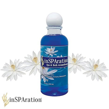 inSPAration Spa & Bath Aromatherapy bottle with white flowers on a white background