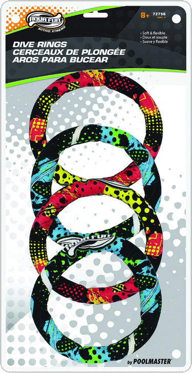 Active Xtreme Dive Rings - with fun designs. 2 blue, black and white and 2 red yellow and black.