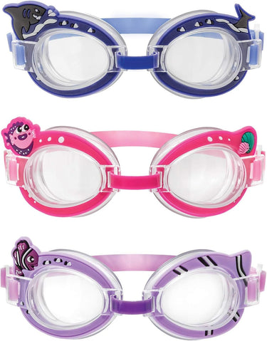 3 pack of children's swim goggles themed with fish  Blue pair has a shark, Pink pair has a pink fish and light purple pair had a purple clown fish. All 3 laid out on a white background.