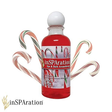 Bottle of inSPARATION Candy Cane Spa & Bath Aromatherapy with candy cane design on a white background