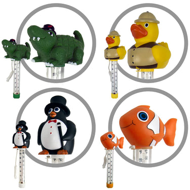 Shows 4 thermometers and close up of each characters. Green Gator, Yellow Safari Duck, Black and white penguin in top hat and cane and Orange and white clownfish.