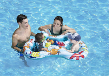 Mommy and us dual baby float. underwater characters on design with a brown fish, yellow puffer fish & red starfish that can be removed and babies can play with them. built in tray in the middle gives a place for small toys. Shown with mom and dad in the pool with 2 babies riding the float.