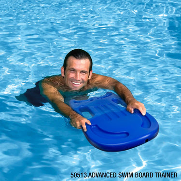 Adult male using the swim board trainer in the pool.