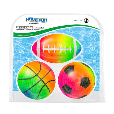 3-Pack Rainbow Game Balls - 7" football, 6" basketball and 6" soccer ball in rainbow colors.