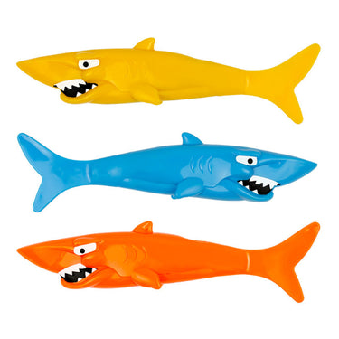 Shark Dive Toys. package of 3 with orange, blue and yellow shark. 6" long each.