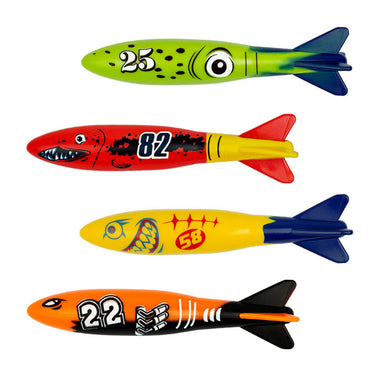 Glide N Dive Torpedoes - dive torpedoes shaped like fish. 4 pack comes in green, red, yellow and orange. Fun day at the pool for the kids!