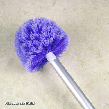 Cobweb Brush has large purple dome shaped brush that can attached to a pool  pole, for hard to reach corners in your home.  Easily brushes away cobwebs. shown close up. Pole not included.