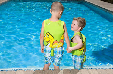 Dino Swim Vest for children  - Green swim vest with yellow dinosaur. Ages 1-3, 24-40lbs. Picture of 2 boys holding hands wearing the vests.  Only the smaller vest is available.