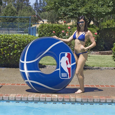 48″ NBA Tube. Blue with White design and NBA logo. Woman standing next to it for scale.