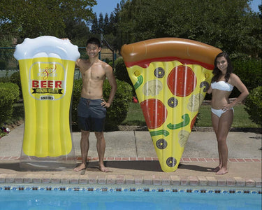 Slice O’ Pizza & Glass O’ Beer Mattress Set - Shown with young man standing next to beer float and young woman standing next to pizza float for scale