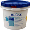 White bucket with Blue lid filled with 3" chlorine tabs on a white background