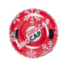 38" Red Tube with white snowflake design and black handles to hold on sliding down a hill in the snow.