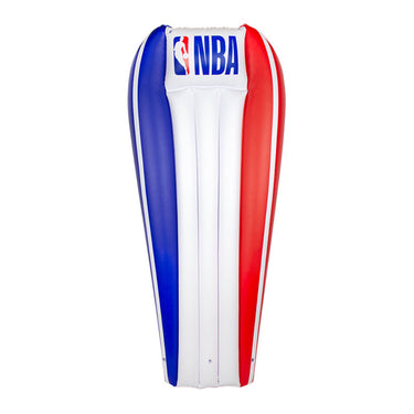  74.5” L x 44” W (deflated) NBA Poolmaster mattress float. blue striped on one side red striped on the other side and otherwise white with the NBA Logo on the pillow.
