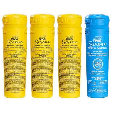 Three yellow 'Frog Serene' bromine cartridges and one blue mineral cartridge on a white background.