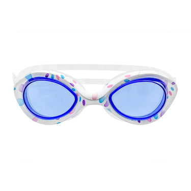 Sport Goggles with fun polka dots frame and blue tined lenses on white background