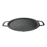 Black cast iron griddle with handles on a white background