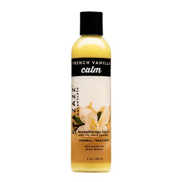Bottle of 'French Vanilla Calm' aromatherapy liquid on a white background