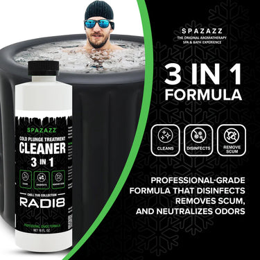 man in cold plunge advertising Spazazz Cleaner 3 in 1 formula. cleans disinfects and removes scum.