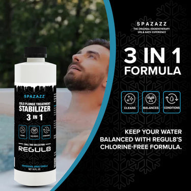 Man relaxing in a cold plunge advertising stabilizer 3 in 1 cleans balances conditions cold plunge with chlorine-free formula 