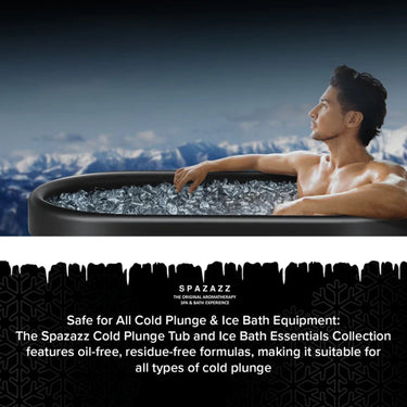 Man relaxing in cold plunge advertising products are safe for all cold plunge & Ice bath equipment. Features oil-free, residue-free formulas, making it suitable for all types of cold plunge.