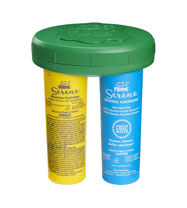 Two cylindrical containers, one yellow and one blue, with green lids, featuring 'Frog Serene' branding on a white background.