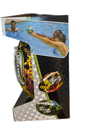 Cyclone 8.5" football. Waterproof. Has an inflatable bladder with lightweight foam layer. Brown, yellow, black and white colors. Side of box shows people playing with the ball in the swimming pool.