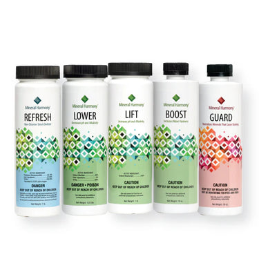 Five bottles of Mineral Harmony products with different colored labels on a white background