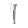 White pool thermometer with a cord on a white background