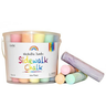 Bucket of washable jumbo sidewalk chalk with pastel colors on a white background