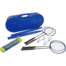 Badminton set with rackets, shuttlecocks, and blue carrying case on a white background