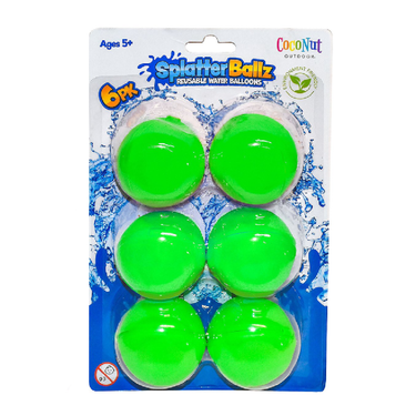 Packaging of Splatter Ballz reusable water balloons with green balls on a blue and white background.