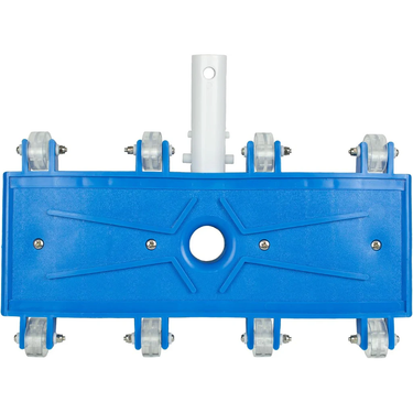 Blue mechanical component with white cylindrical part on a white background